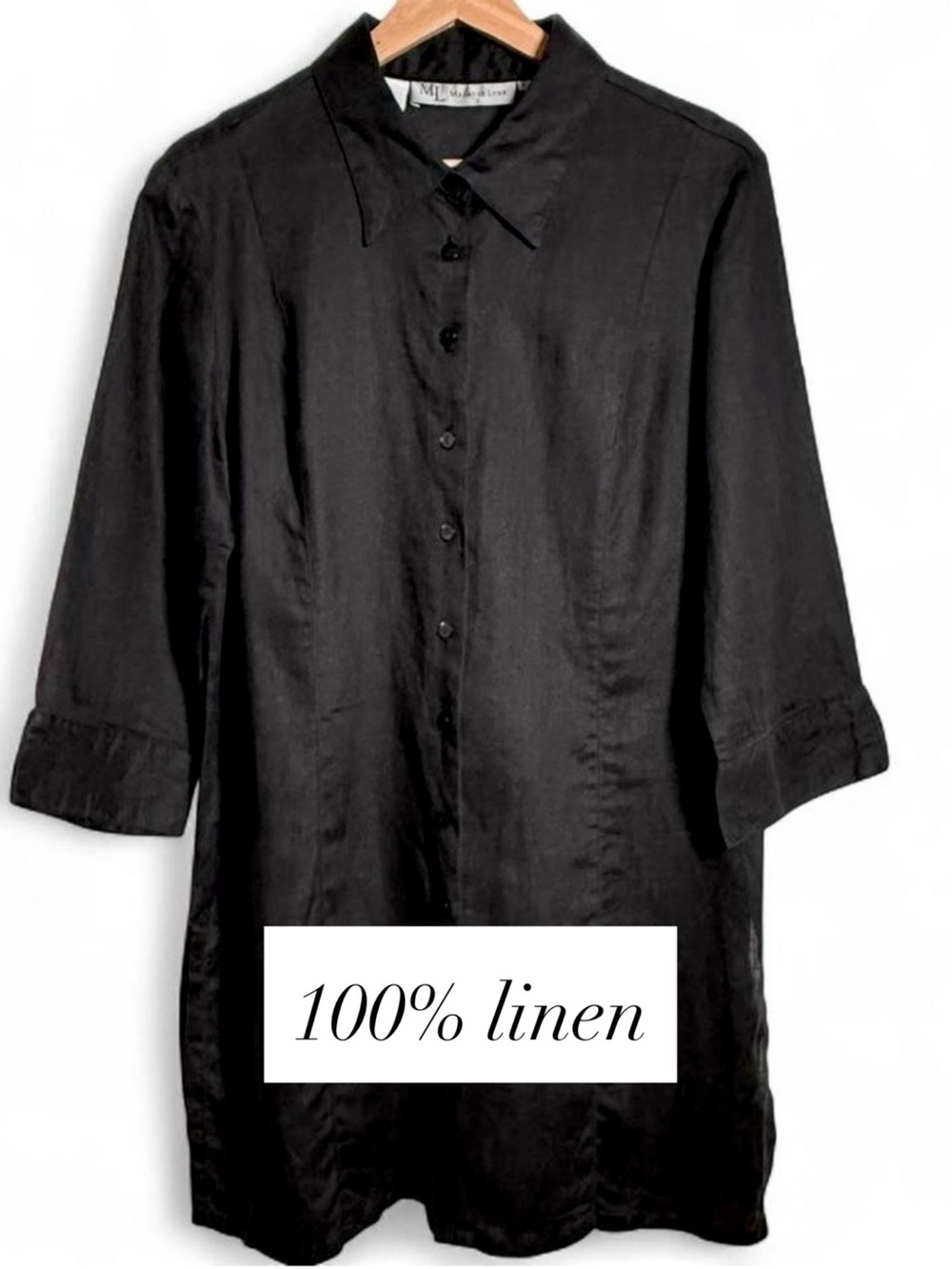 100% Linen Black Shirt Dress Long sleeve Size Large